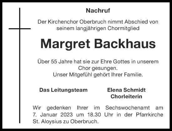 Traueranzeige von Margret Backhaus von Zeitung am Sonntag