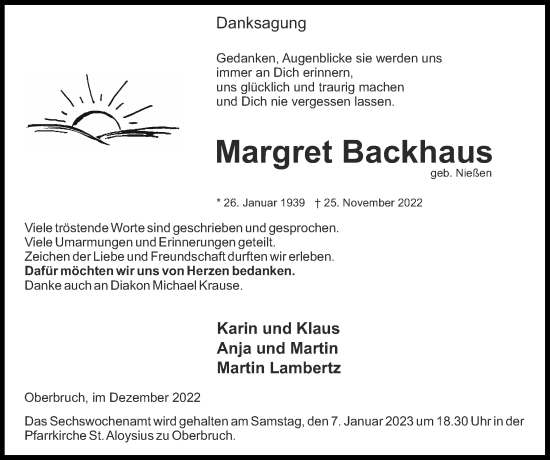 Traueranzeige von Margret Backhaus von Zeitung am Sonntag