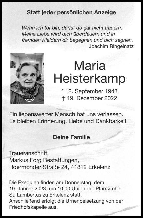 Traueranzeigen Von Maria Heisterkamp Aachen Gedenkt 4730