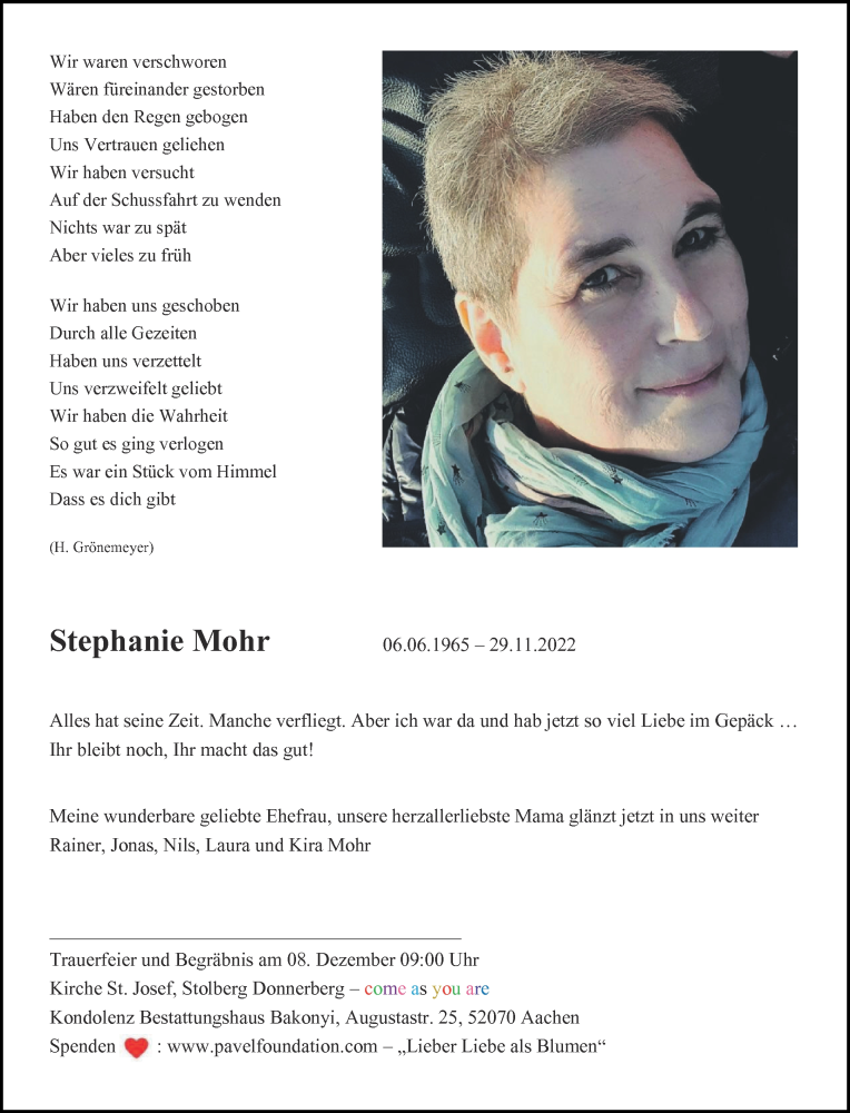  Traueranzeige für Stephanie Mohr vom 03.12.2022 aus Aachener Zeitung / Aachener Nachrichten