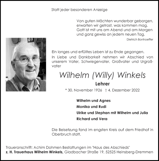 Traueranzeige von Wilhelm Winkels von Aachener Zeitung / Aachener Nachrichten