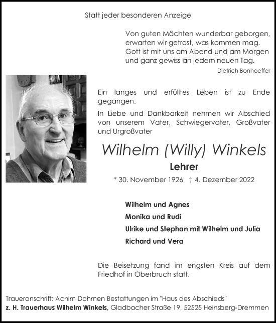 Traueranzeige von Wilhelm Winkels von Zeitung am Sonntag