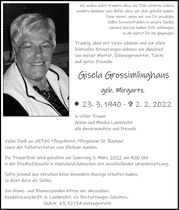 Traueranzeigen von Gisela Grossimlinghaus | Aachen gedenkt