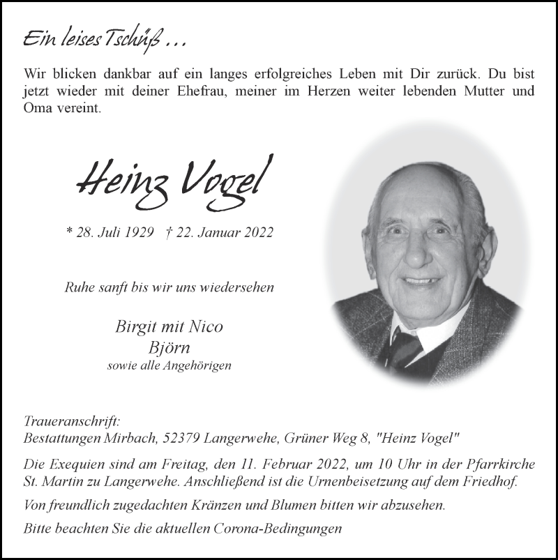  Traueranzeige für Heinz Vogel vom 06.02.2022 aus Zeitung am Sonntag