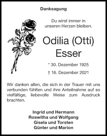 Traueranzeige von Odilia  Esser von Zeitung am Sonntag