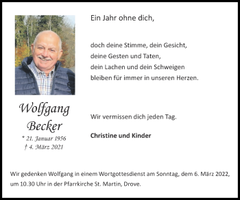 Traueranzeige von Wolfgang Becker von Zeitung am Sonntag