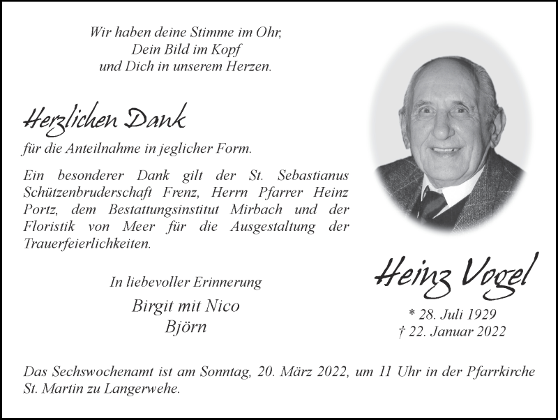  Traueranzeige für Heinz Vogel vom 13.03.2022 aus Zeitung am Sonntag