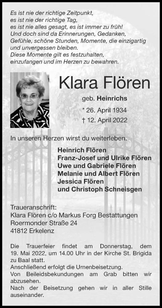 Traueranzeigen Von Klara Flören Aachen Gedenkt 0154