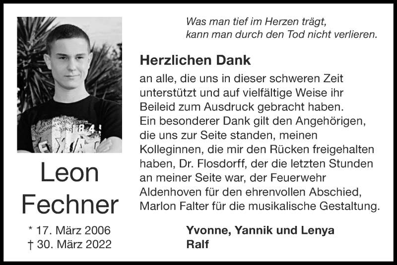  Traueranzeige für Leon Fechner vom 01.05.2022 aus Zeitung am Sonntag