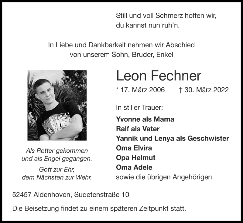  Traueranzeige für Leon Fechner vom 10.04.2022 aus Zeitung am Sonntag