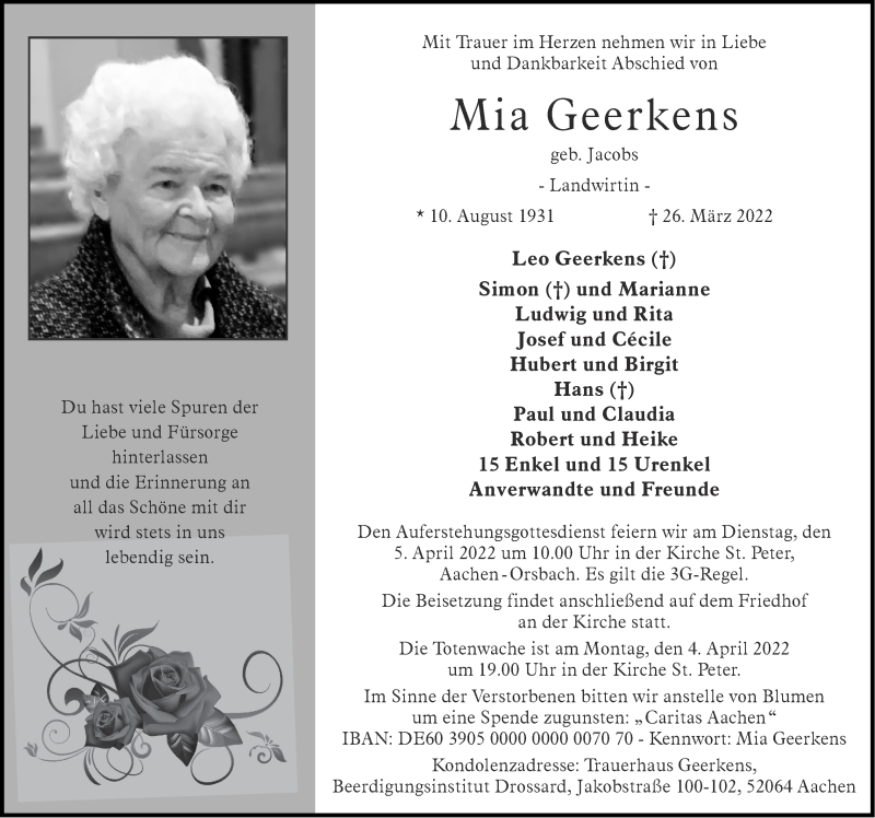 Traueranzeigen von Mia Geerkens | Aachen gedenkt