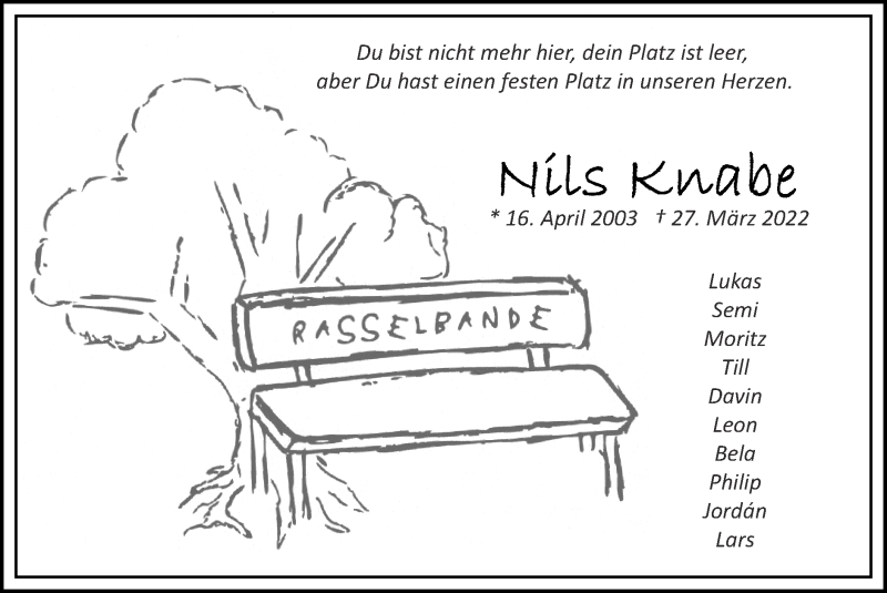  Traueranzeige für Nils Knabe vom 10.04.2022 aus Zeitung am Sonntag