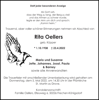 Traueranzeige von Rita Oellers von Zeitung am Sonntag