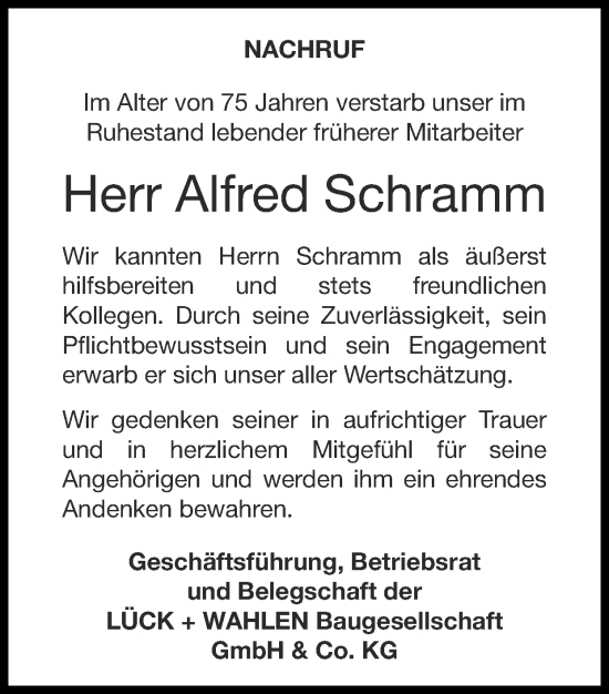 Traueranzeigen Von Alfred Schramm Aachen Gedenkt 