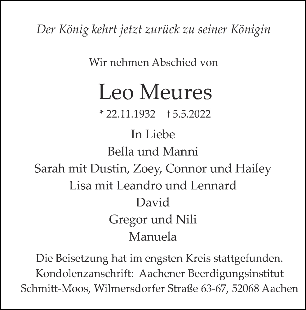  Traueranzeige für Leo Meures vom 15.05.2022 aus Zeitung am Sonntag