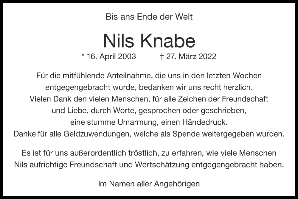  Traueranzeige für Nils Knabe vom 22.05.2022 aus Zeitung am Sonntag