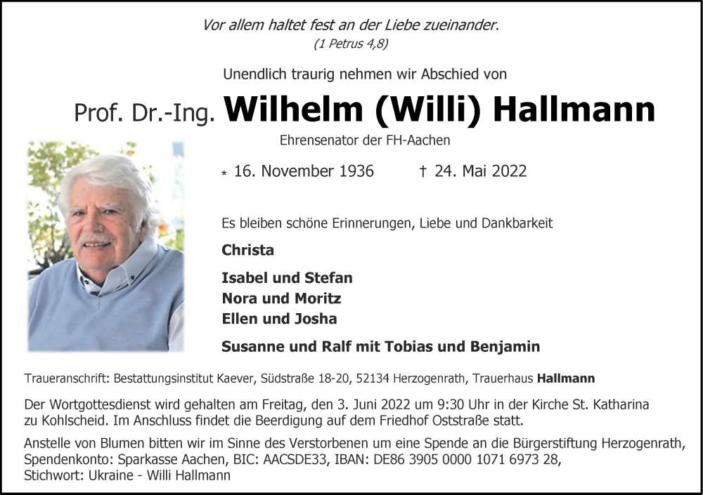  Traueranzeige für Wilhelm Hallmann vom 28.05.2022 aus Aachener Zeitung / Aachener Nachrichten