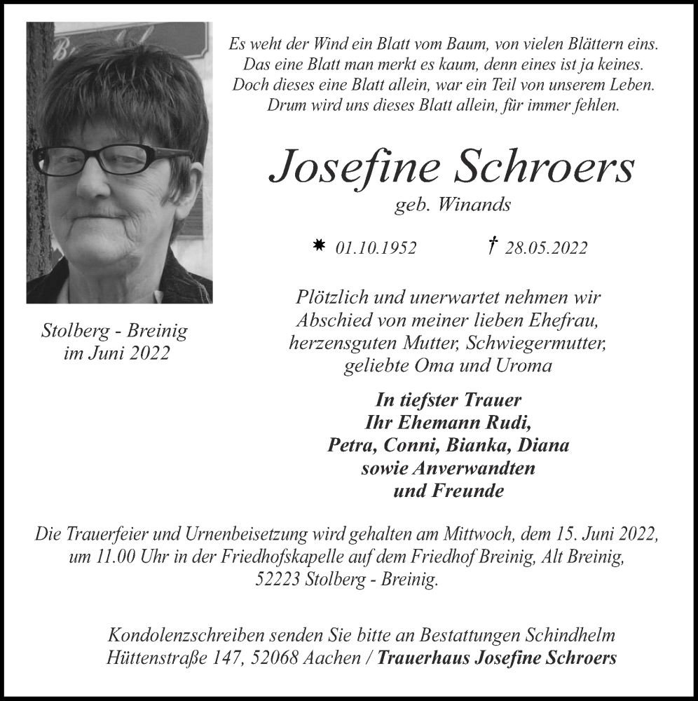  Traueranzeige für Josefine Schroers vom 12.06.2022 aus Zeitung am Sonntag