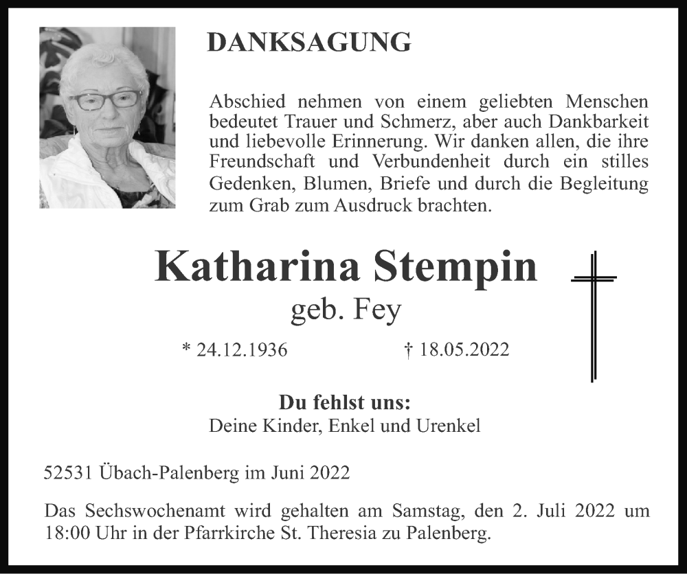 Traueranzeigen von Katharina Stempin | Aachen gedenkt