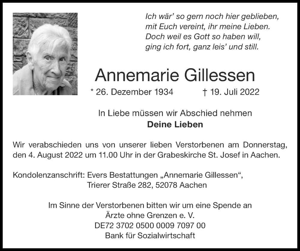 Traueranzeigen von Annemarie Gillessen | Aachen gedenkt