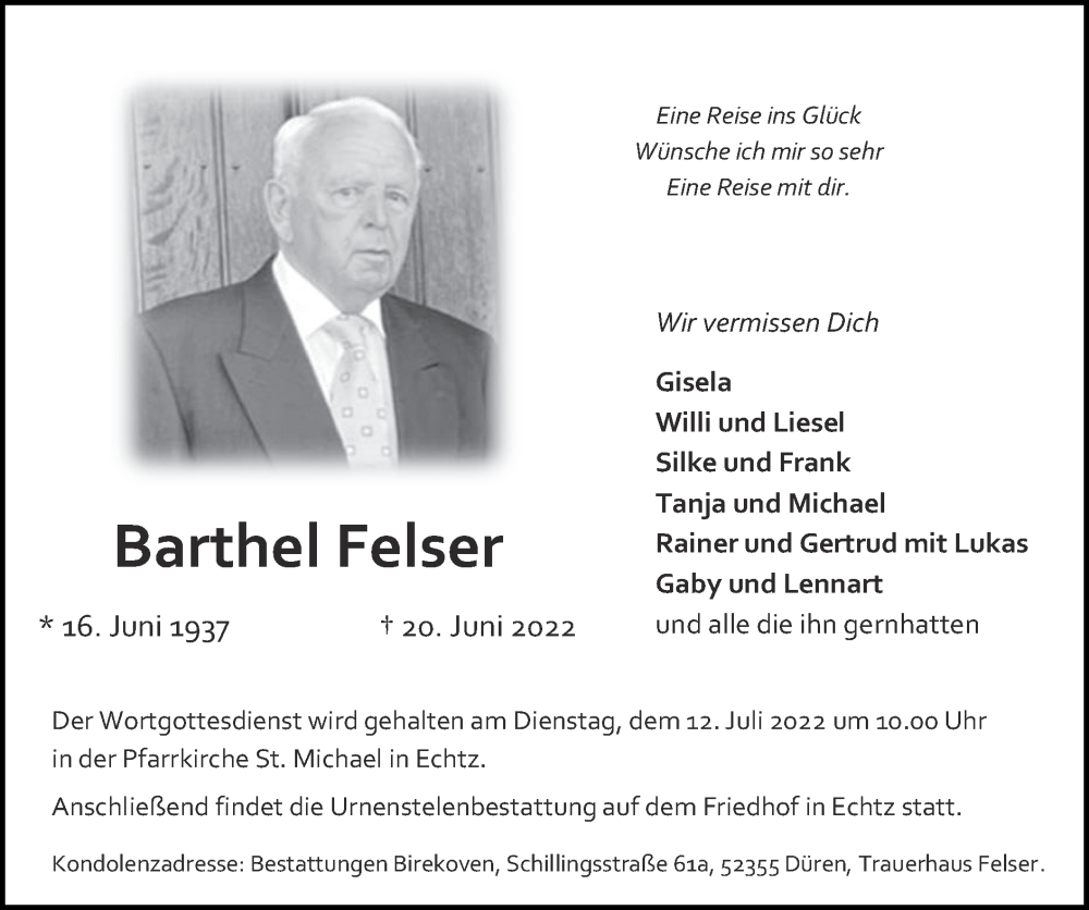  Traueranzeige für Barthel Felser vom 03.07.2022 aus Zeitung am Sonntag