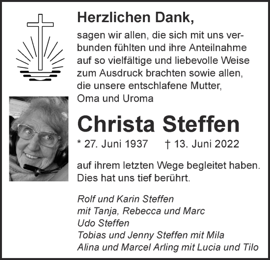 Traueranzeigen von Christa Steffen | Aachen gedenkt