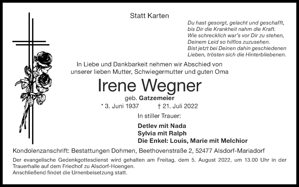 Traueranzeigen von Irene Wegner | Aachen gedenkt