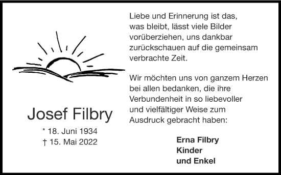 Traueranzeige von Josef Filbry von Zeitung am Sonntag