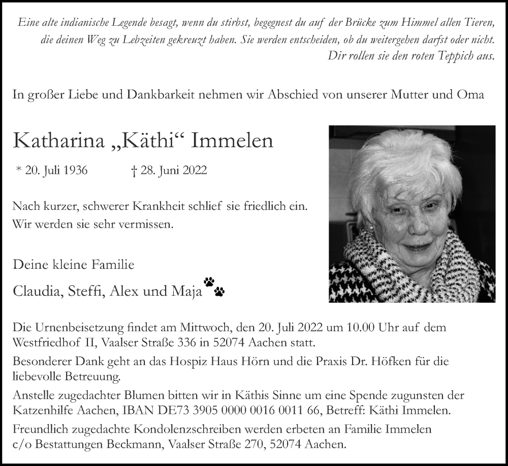  Traueranzeige für Katharina  Immelen vom 17.07.2022 aus Zeitung am Sonntag