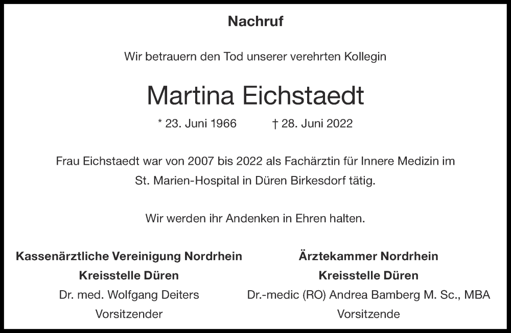  Traueranzeige für Martina Eichstaedt vom 20.07.2022 aus Aachener Zeitung / Aachener Nachrichten