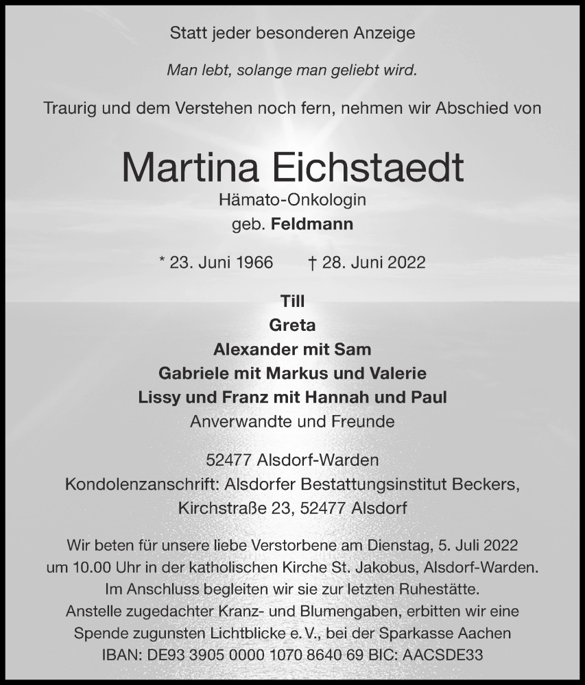  Traueranzeige für Martina Eichstaedt vom 03.07.2022 aus Zeitung am Sonntag