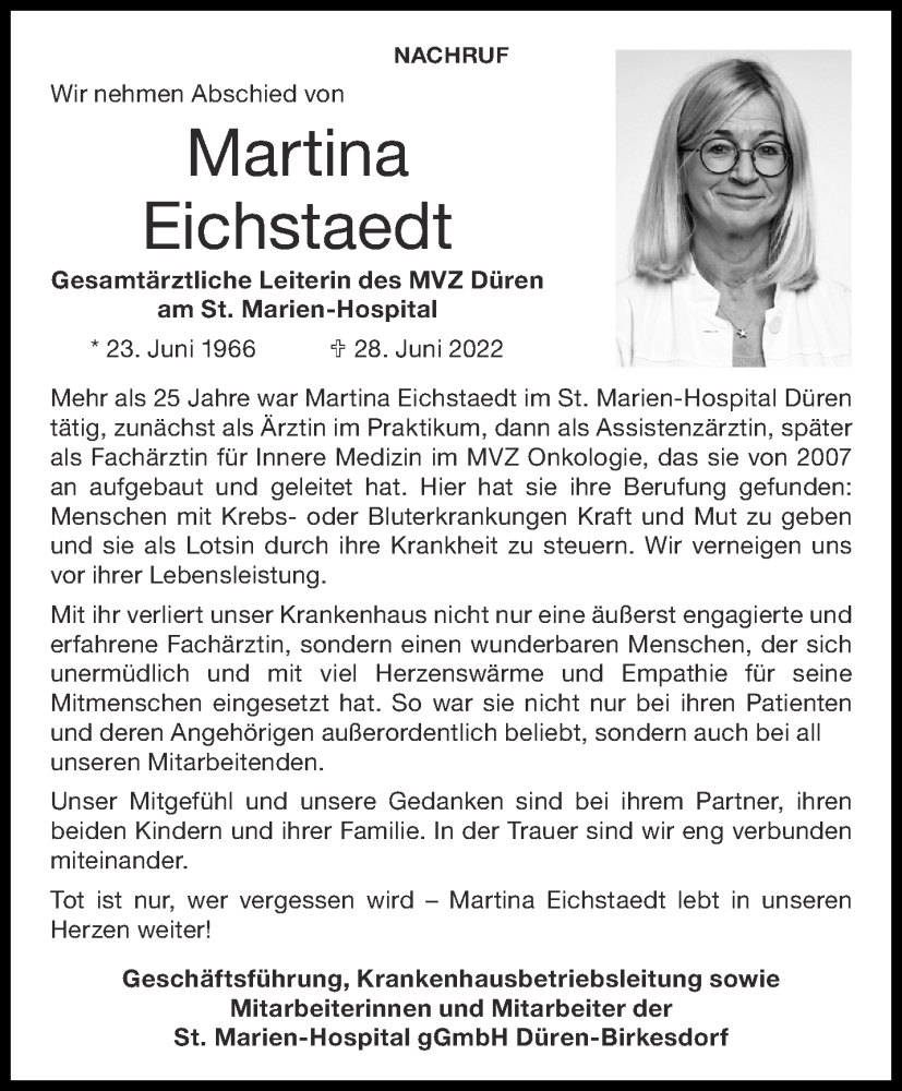  Traueranzeige für Martina Eichstaedt vom 05.07.2022 aus Aachener Zeitung / Aachener Nachrichten