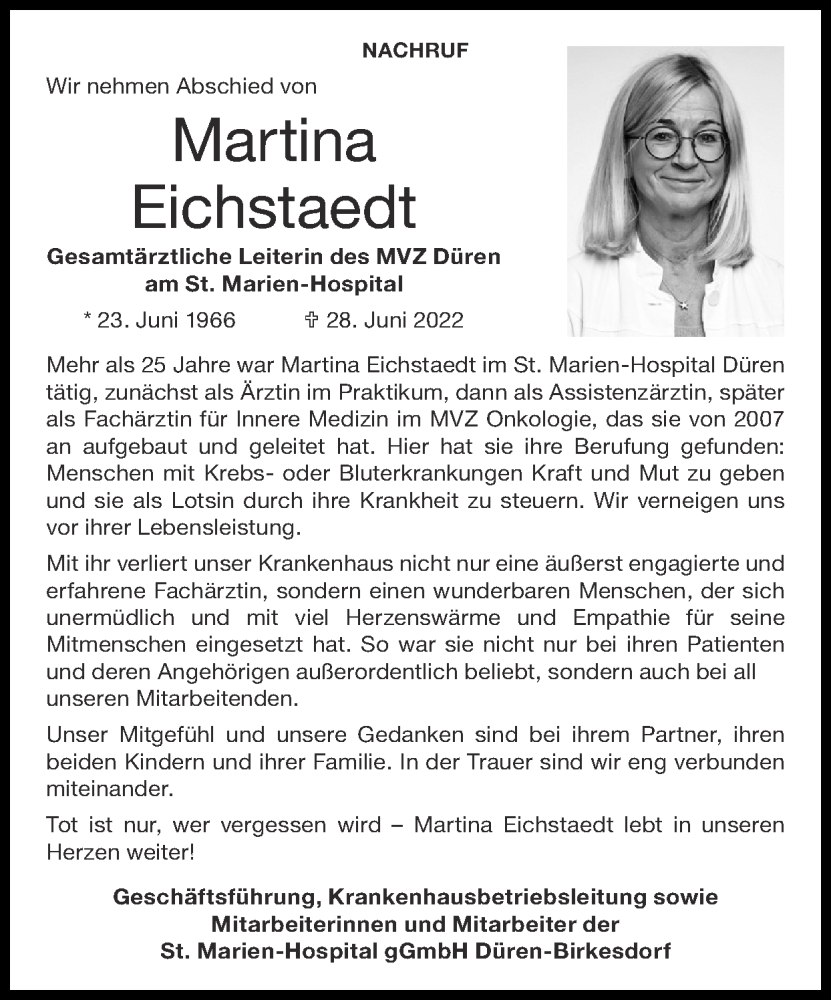  Traueranzeige für Martina Eichstaedt vom 10.07.2022 aus Zeitung am Sonntag