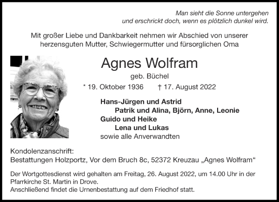 Traueranzeige von Agnes Wolfram von Aachener Zeitung / Aachener Nachrichten