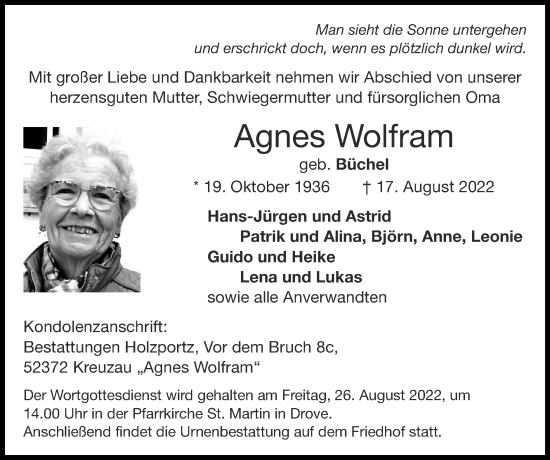 Traueranzeige von Agnes Wolfram von Zeitung am Sonntag