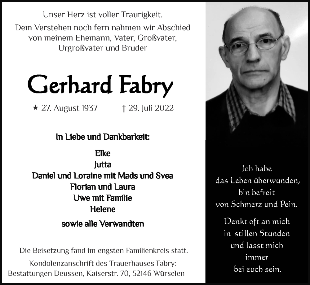  Traueranzeige für Gerhard Fabry vom 14.08.2022 aus Zeitung am Sonntag