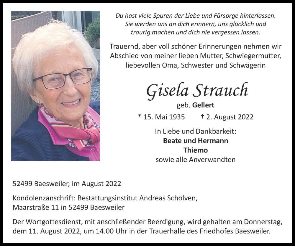 Traueranzeigen von Gisela Strauch | Aachen gedenkt