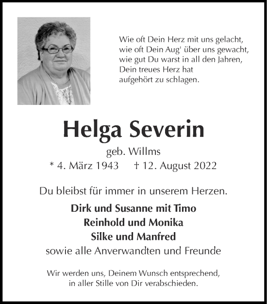 Traueranzeigen von Helga Severin | Aachen gedenkt