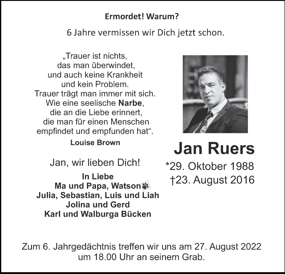  Traueranzeige für Jan Ruers vom 21.08.2022 aus Zeitung am Sonntag