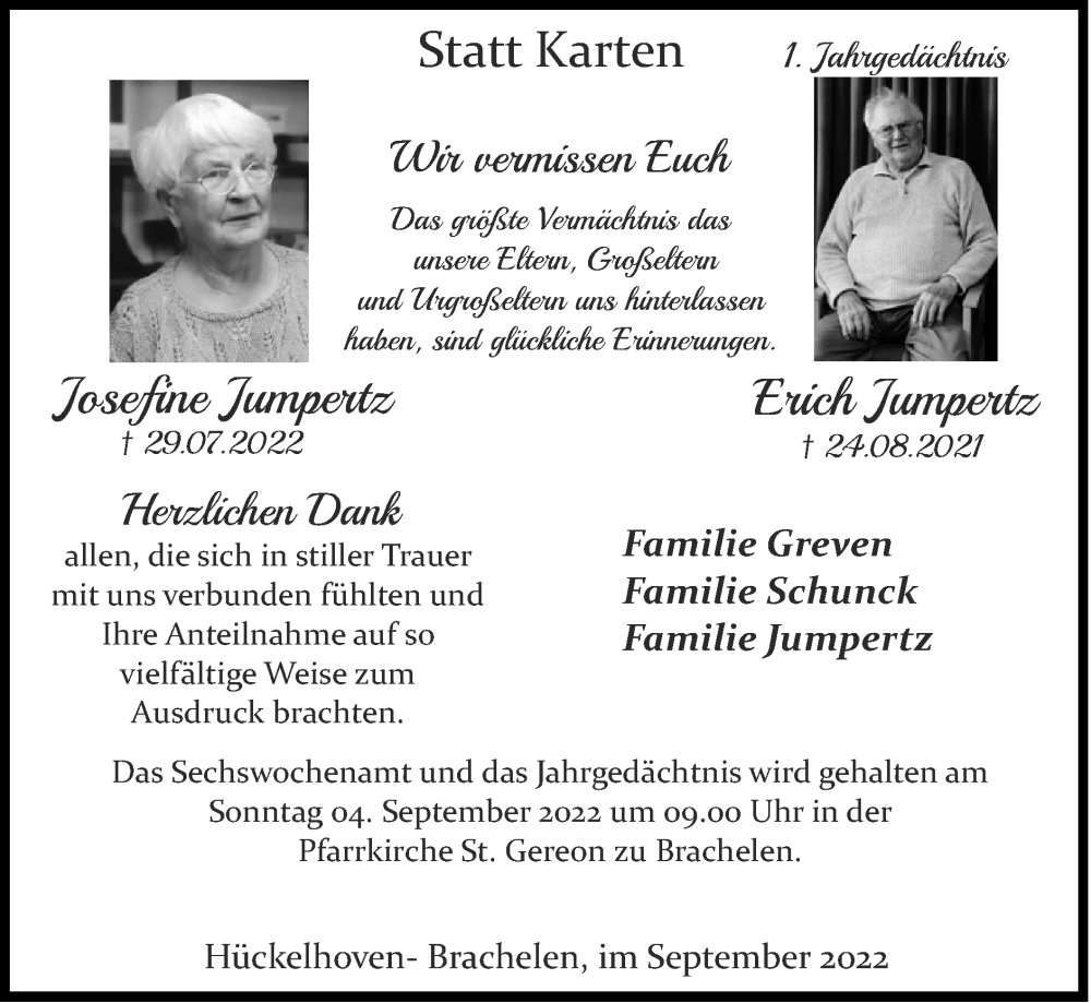 Traueranzeigen von Josefine und Erich Jumpertz | Aachen gedenkt