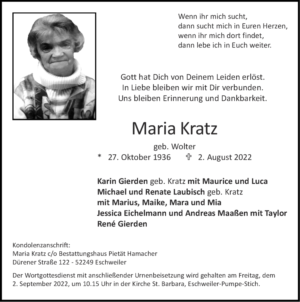  Traueranzeige für Maria Kratz vom 28.08.2022 aus Zeitung am Sonntag