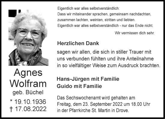 Traueranzeige von Agnes Wolfram von Zeitung am Sonntag