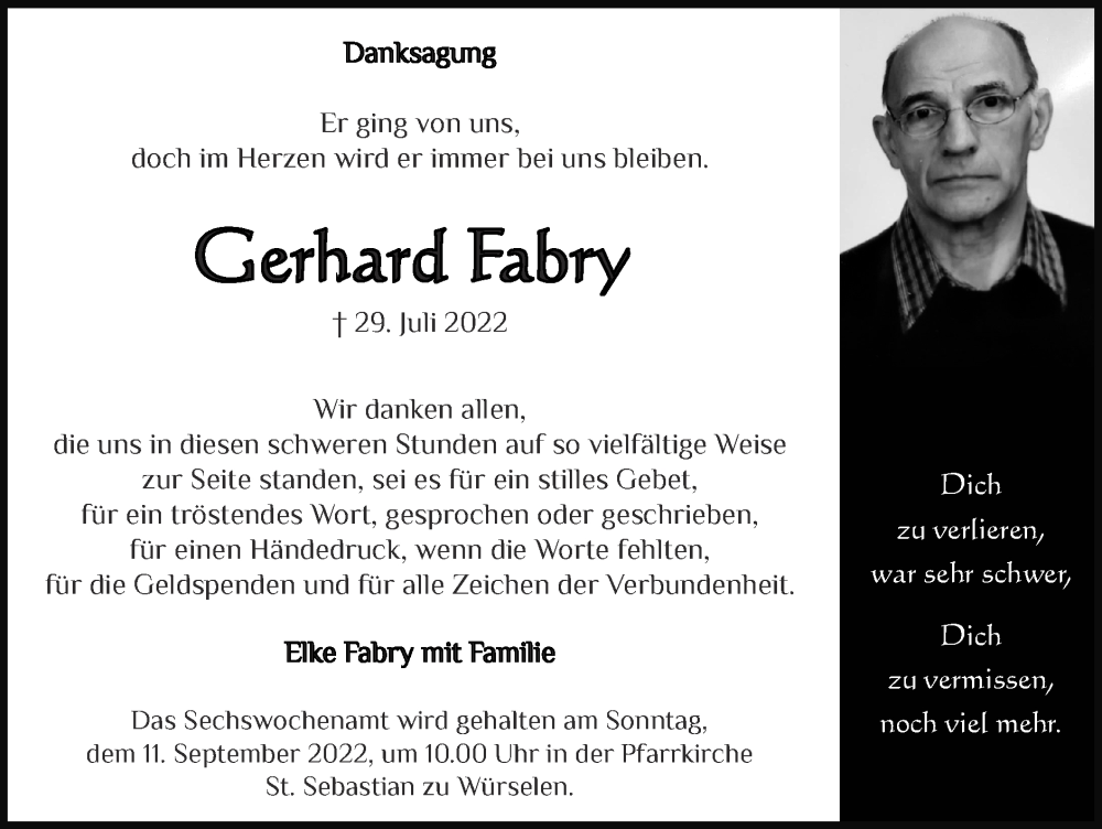  Traueranzeige für Gerhard Fabry vom 04.09.2022 aus Zeitung am Sonntag