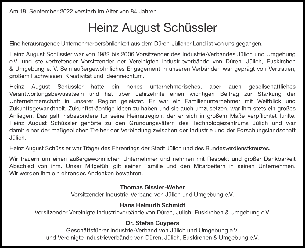  Traueranzeige für Heinz August Schüssler vom 24.09.2022 aus Aachener Zeitung / Aachener Nachrichten