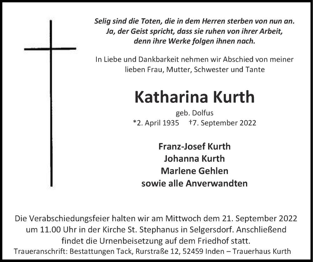 Traueranzeigen Von Katharina Kurth Aachen Gedenkt 8577