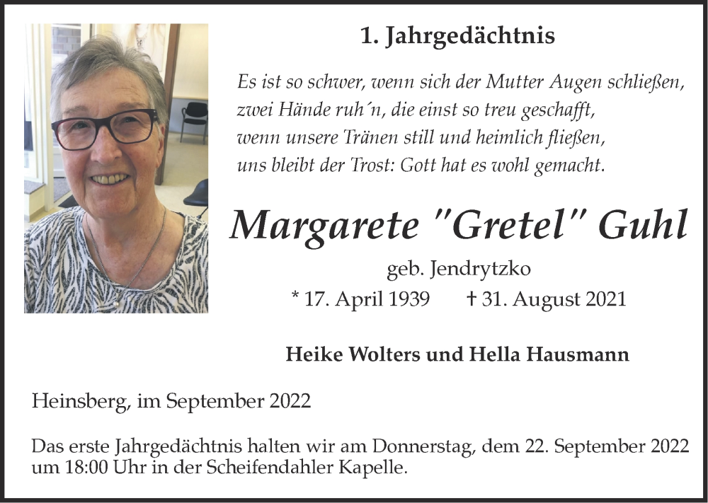 Traueranzeigen von Margarete Guhl | Aachen gedenkt