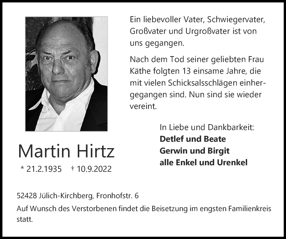  Traueranzeige für Martin Hirtz vom 18.09.2022 aus Zeitung am Sonntag