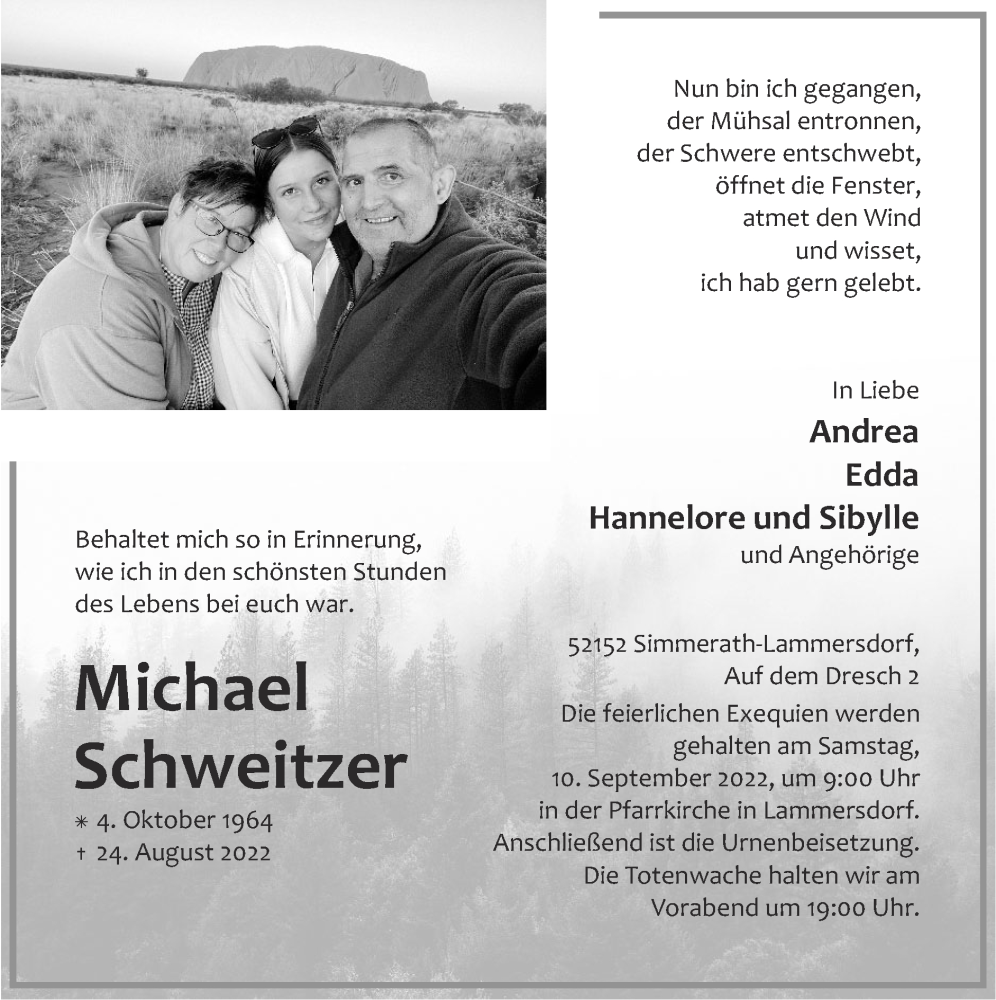  Traueranzeige für Michael Schweitzer vom 04.09.2022 aus Zeitung am Sonntag