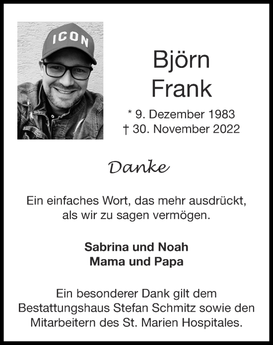 Traueranzeige von Björn Frank von Zeitung am Sonntag