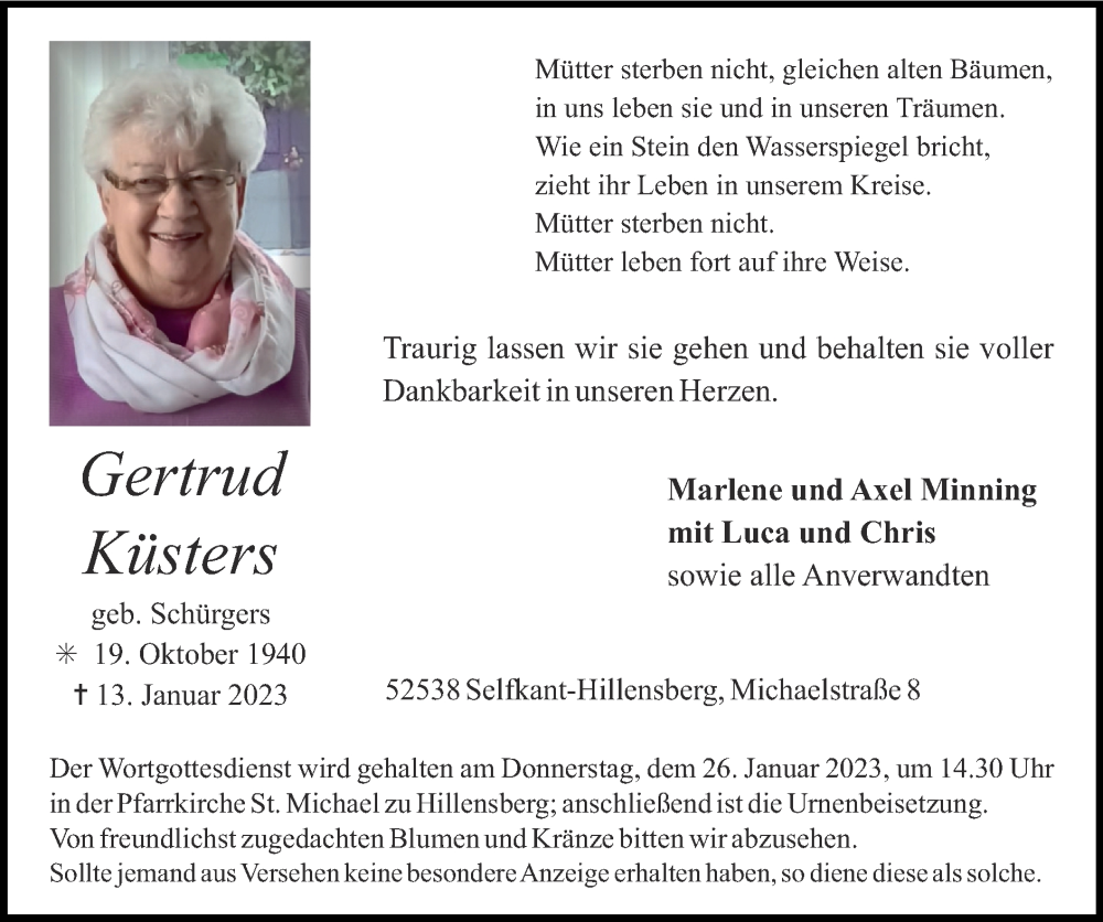 Traueranzeigen von Gertrud Küsters | Aachen gedenkt